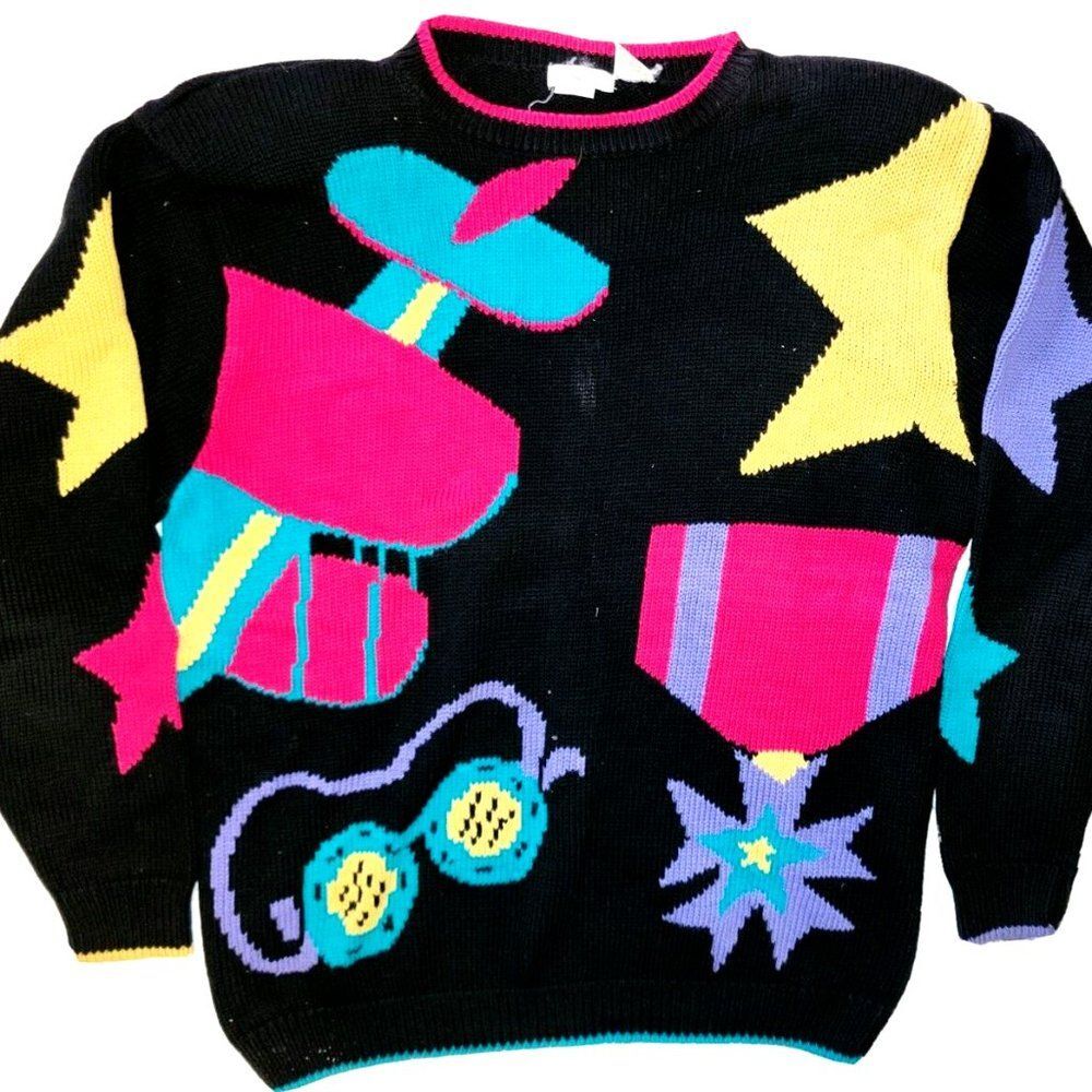 Vtg 90s Black Heirlooms Collectibles Airplane Medal Knit Crew Neck Sweater Sz M